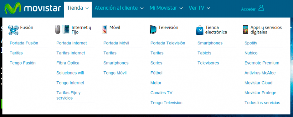 Despliegue de un menú con icono de flecha hacia abajo