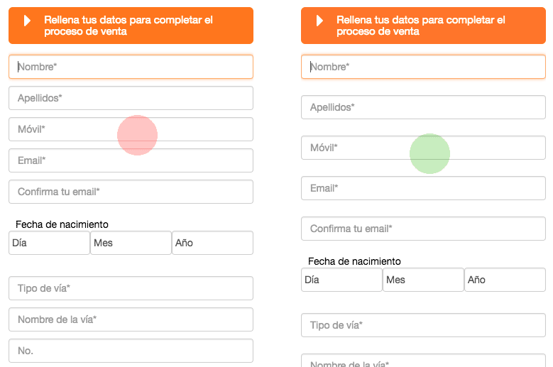 Diferencia entre un formulario web en dispositivos móviles donde no hay espacio de pulsación entre campos y otro que sí.