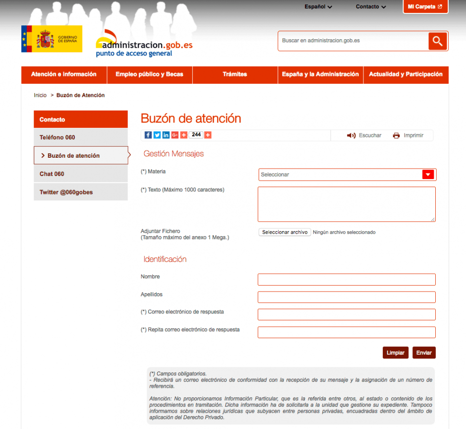 Mala usabilidad y ux en el formulario de atención al ciudadano.